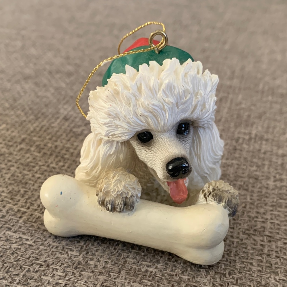 Vintage Ganz Christmas Poodle Dog Ceramic Ornament with Bone and Santa Hat